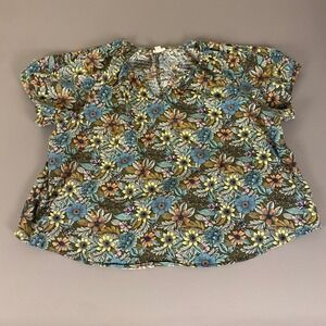 ANA a New Approach‎ Floral Print Blouse Top 3X Blue Yellow V Neck Short Sleeve